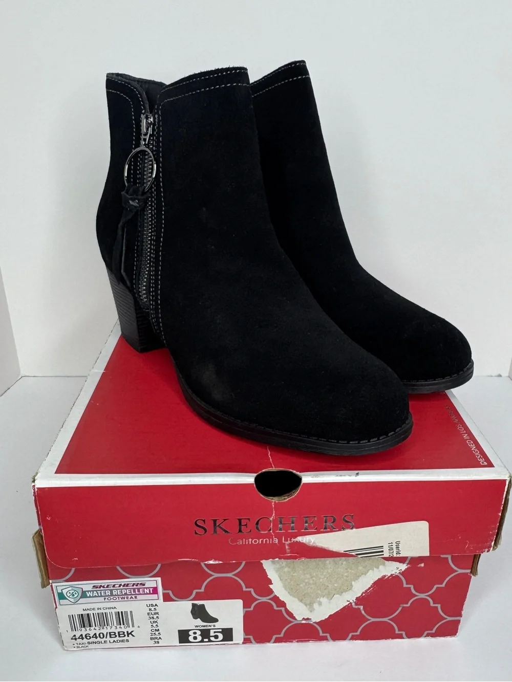 Skechers Taxi, Water Repellent Black Suede Ankle Booties with Side Zip